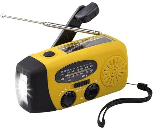 OEUBEQ Radio Solare Portatile con FM, Radio Solare a manovella, Radio a manovella di Emergenza e Torcia per emergenze, Campeggio Yellow