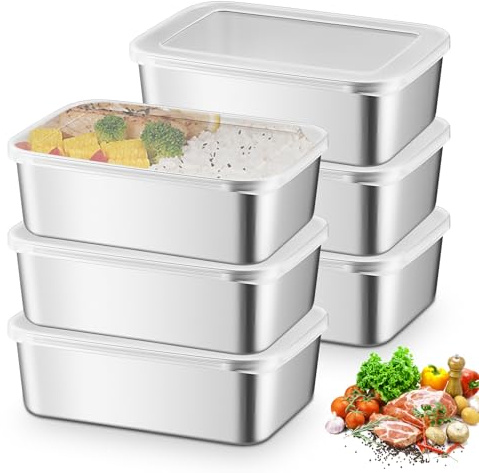 PORFOYO 6 Stück Frischhaltedosen Mit Deckel 1100 Ml, Edelstahl Frischhaltedose Mit Deckel, Edelstahl Lebensmittel Aufbewahrungsbox für Fleisch Obst