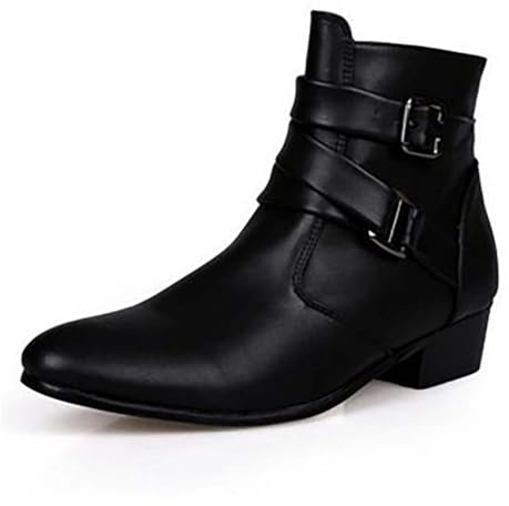 Stivaletti da uomo a punta con cinturino con fibbia, eleganti stivali eleganti da uomo, eleganti scarpe formali in pelle con cerniera, stivali vintage rock per feste, matrimoni, spettacoli, Nero , 41