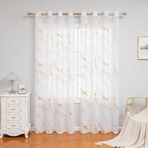 Odot 2 Piezas Cortinas Visillos Salon Dormitorio con Mármol Dorado Modernas, Cortinas Visillos Translucida con Ojales, Livianas y Transpirables para Ventanas de Habitacion (Blanco,100x250cm)