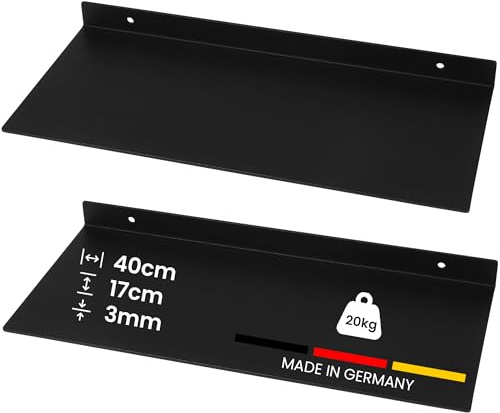 FIFITARA Wandregal Stahl 40 cm 2er Set – Metallregal schwarz matt – Regal Wand 3 mm Dicke – Bücherregal – Küchenregal hängend – Schweberegal inkl. Dübel, Schrauben