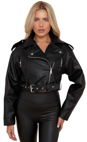 kraftd Women Faux Leather Jacket Short Coat Outerwear Long Sleeve Zipper Cropped Biker Jacket with Belt Comfortable & Stylish Coats Luxury Clothing Cropped Leather Motorcycle Jackets (Black, XS)