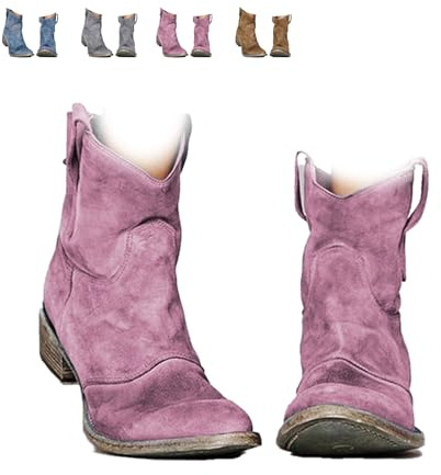 GHTRHSB Ankle Cowboy Boots for Women, Western Wide Width Suede Ankle Boots Retro Low Heel Mid Calf Slouch Cowgirl Short Boot (purple,7.5)