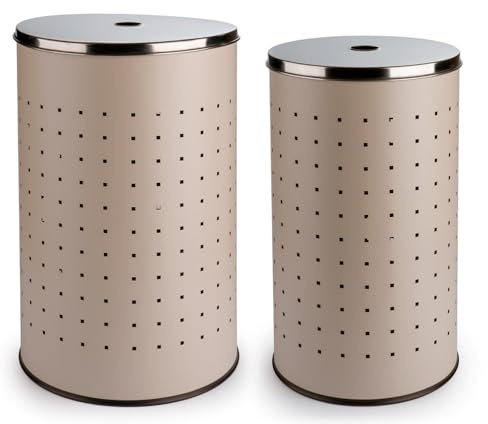 Home4You Wäschekorb-Set 2-teilig - mit Deckel und Luftlöchern - Edelstahl - Greige, Beige - 37 Liter - 54 Liter - Wäschetonne Wäschesammler Wäschebox Wäschetruhe