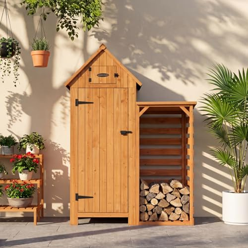 HOMAVO Casetta da Giardino in Legno con Legnaia da Esterno, Tetto a Falda Protetto UV, 131 × 54.3 × 179 cm, Armadio da Esterno per Giardino, Terrazza, Cortile, Prato