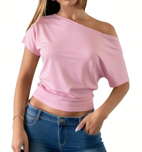 EZBELLE Off The Shoulder Tops for Women Summer Solid Short Sleeve Blouse | Asymmetrical Side Ruched Shirts, Going Out Tunic Top, Batwing T Shirts, Crop Stretch Nice Tops, Ladies Fancy Shirt, Clubbing