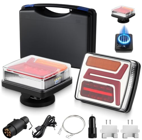 AUTOUTLET Feux Remorque Sans Fil Portée de 100m LED 7PIN Kit Feu Arrière Magnétique/à Vis Homologué E9 12H d'autonomie Étanche IP67 Convient à tous les types de Remorques