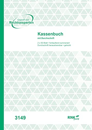 RNKVERLAG- Kassenbuch mit fortlaufender Nummerierung, ohne Umsatzsteuererfassung, DIN A4, mit Durchschreibepapier, 2 x 50 Blatt (1. Blatt weiß, 2. Blatt weiß mit Perforation, Lochung), 1 Stück
