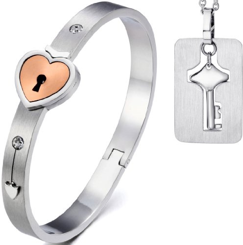 JewelryWe Schmuck 2pcs Armband Halskette Pärchen Schmuckset, Edelstahl Herz Sperren Armreif & Schlüssel Hundemarke Dog Tag Anhänger Kette Set Valentinstagsgeschenk für Herren Damen, Rosegold Silber