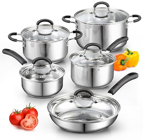 Cook N Home Stainless Steel Cookware Sets 10-Piece, Pots and Pans Kitchen Cooking Set with Stay-Cool Handles, Dishwasher Safe, Silver