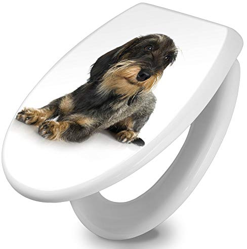 banjado Toilettendeckel mit Absenkautomatik 44,5x37cm / WC Brille Soft Close/hygienischer Toilettendeckel/Klodeckel Duroplast Edelstahl Scharniere einfache Montage/Motiv Dackel