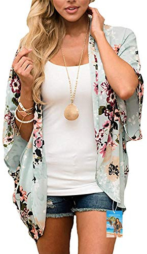YULOONG Damenmode Bademode Vertuschung Chiffon Blumendruck Kimono Lose Schal Strickjacke Sommer Bluse Bademode Capes, Grün, L