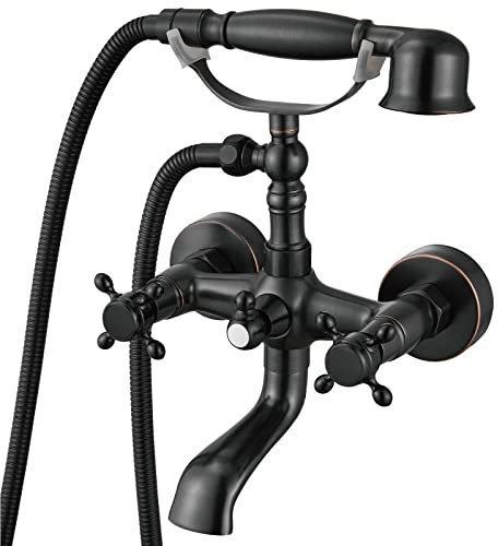 Aolemi Bathtub Faucet with Hand Shower Oil Rubbed Bronze Wall Mount Tub Spout Double Cross Handle Mixer Tap Victoria Vintage Telephone Shape Shower Set