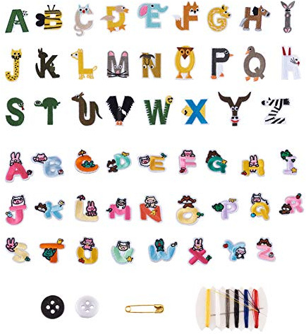 Pandahall 52 Stück Tierbuchstaben zum Aufbügeln, 2 Stile, A-Z, Alphabet-Tier-Aufkleber, zum Aufnähen, bestickte Applikationen mit Nähsets für Namensausweis, Kleidung, Reparaturjacken, Rucksäcke, Jeans