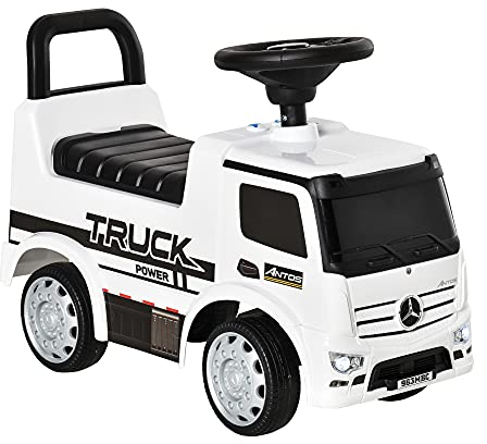 HOMCOM Rutscherfahrzeug Rutscherauto Babyrutscher Kinderfahrzeug lizenziert von Mercedes ANTOS-LKW-Stil mit Licht für Kinder von 12 bis 36 Monaten Metall PP-Kunststoff Weiß+Schwarz 62,5x28,5x45cm