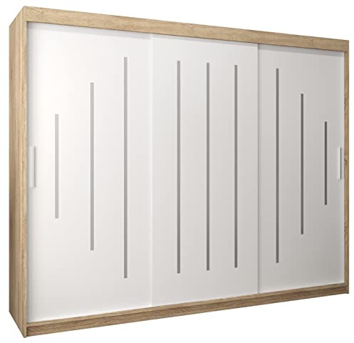 MEBLE KRYSPOL - Kleiderschrank, Schlafzimmerschrank - Schrank DREI Türen - 4 Fächer rechts, Links, 2 Stangen, Fach - Garderobenschrank York, Körperfarbe Sonoma, Frontfarbe Weiß - 250x62x200cm
