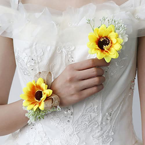 Fouriding Sonnenblume Hochzeit Handgelenk Ansteckblume Set Boutonniere Set Künstliche Hochzeit Blumen Anzug Dekor für Bräutigam Braut Bankett Party Deko