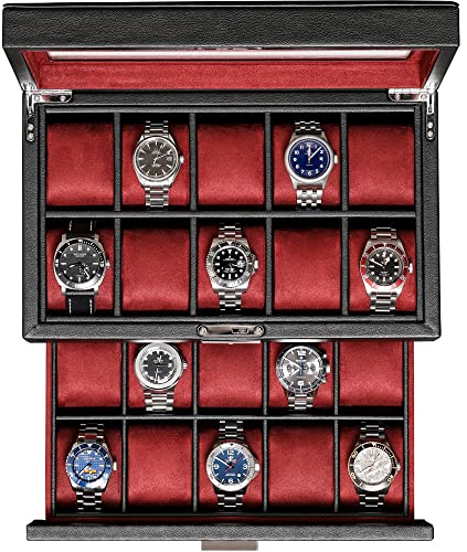 ROTHWELL Uhrenbox aus Leder mit 20 Fächern, luxuriöses Uhrengehäuse, Schmuck-Organizer, verschließbarer Uhren-Vitrinen-Halter mit großer Echtglas-Oberseite, Uhrenbox, Organizer für Damen und Herren
