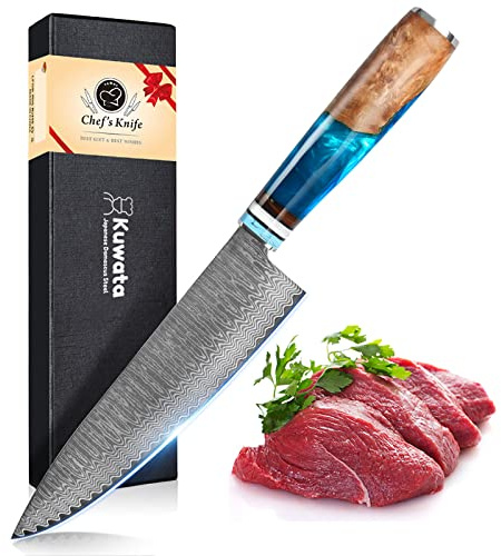 Kuwata Chef Knife, Professional Japanese VG10 Damascus Steel Kitchen Chefs Knife 8 Inch, Razor Sharp Professional Meat Cutting Knife with Gift Box for Family, Restaurant