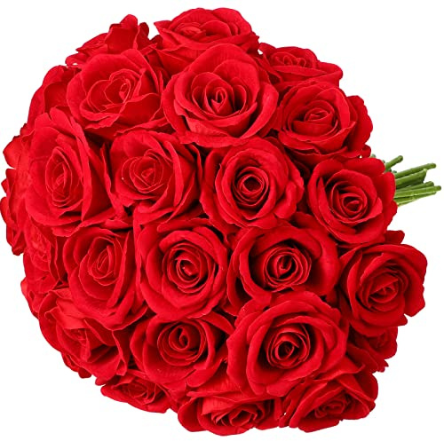 Hoteam 60 Stück riesige Samtrosen, künstliche Blumen, schwere Samt-Rosen, künstliche Rosen, Blumenstrauß mit Langen Stielen für Hochzeit, Party, Büro, Tafelaufsatz, Arrangement (rot)