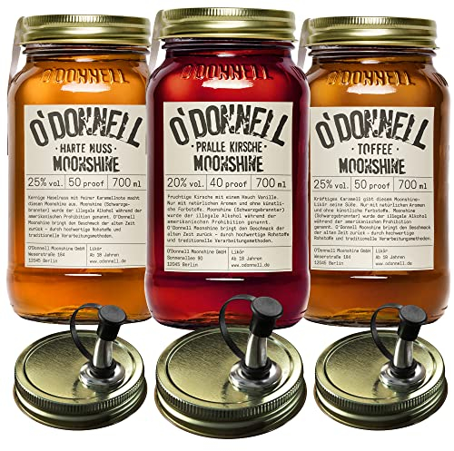 O'Donnell Moonshine Likör Set 3x 700ml Premium Likör (Made in Berlin) Rum Likör in Original Mason Jars + 3x Ausgießer – Harte Nuss Haselnusslikör, Karamell Toffee & Kirschlikör