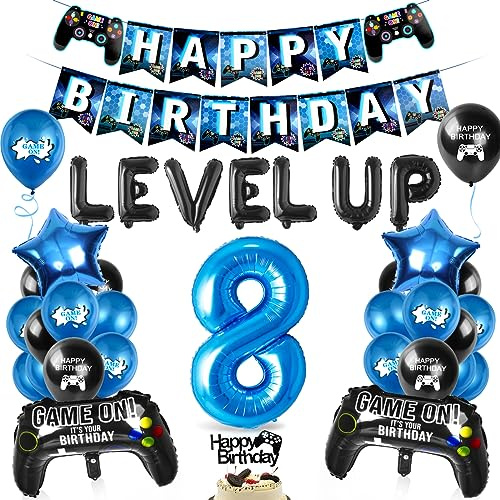 Videospel ballong 8. Födelsedag blå, pojke spel, ballonger blå svart, nummer 8 folieballong, för barn festdekoration