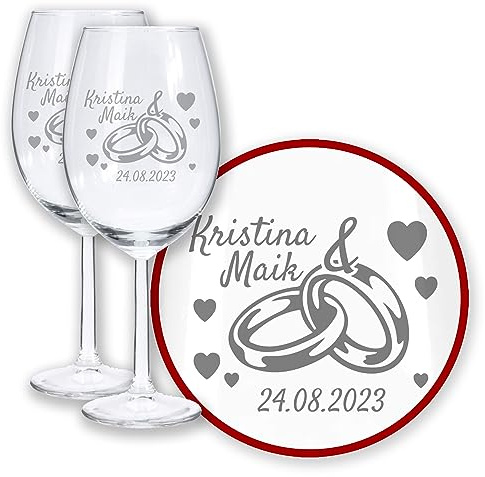 LALALO Hochzeitsgläser mit Gravur, 2er Weinglas-Set 58cl, personalisiert mit Namen & Datum Wunschtext, Lasergravur, Hochzeitsgeschenk für Brautpaar, Hochzeitstag Jahrestag Jubiläum