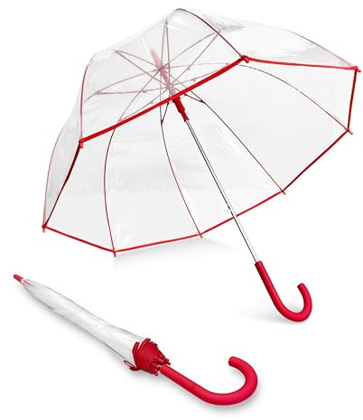 Weather Station Clear Dome Rain Umbrella - Automatic Open, Bubble, Transparent, Red Trim