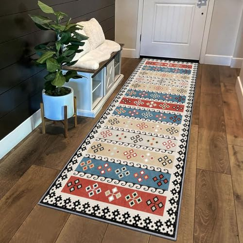 Siunwdiy Teppich Läufer Flur Küche rutschfest Waschbar Küchenläufer Lang Marokkanischer Korridor Teppich Läufer Beige-rot-Blauer Küchenteppich Flurteppich Meterware Anpassbar,Morocco 5,80x500cm