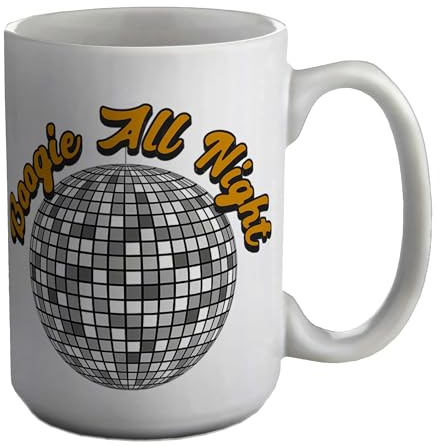 Shopagift Boogie All Night Mug Disco Ball 70's 60's Funk Soul Dance White 15oz Large Ceramic Cup
