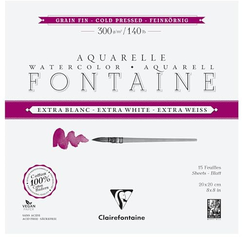 Clairefontaine 976045C - Block Aquarellpapier Fontaine Extraweiß feinkörnig, 4-seitig geleimt, 15 Bogen 300g 20x20 cm, 1 Stück