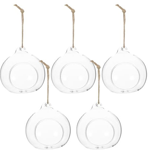 Amosfun 5 Piezas Bola Colgante De Cristal Portavelas De Vidrio EsféRico con Cuerda De Yute para DecoracióN RúStica Jarrones Colgantes De Boda Terrario De Plantas