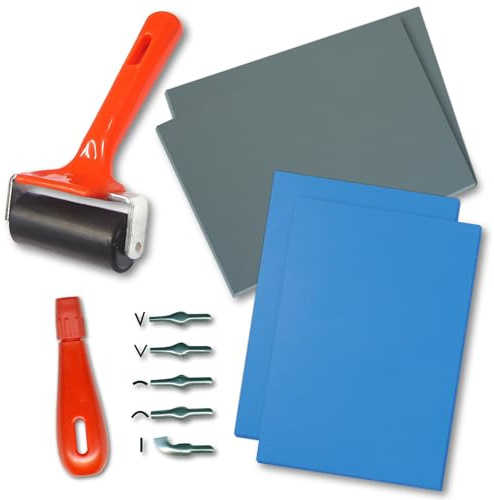 Essential Arts Polymer Block Lino Relief Printing Starter Kit - 4 hojas de bloques de polímero suave, rodillo de brayer, mango y 5 cortadores