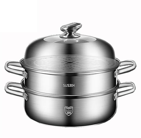 ANSNOW Stock Pot Double Boiler W/Glass Lid, Stainless Steel Steamer, Steamer, Steamer Insert, Pan Cook Steamer Pan Large Soup Pot for Cooking, Silver/30Cm
