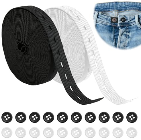 2 Rollen Elastisches Nähband Set mit 20 Kunstharz-Knöpfen, 14 m (15 Yards) Gummiband in Schwarz und Weiß für Hosenrock Stirnband, DIY Näharbeiten und kreative Projekte(Breite 15mm)