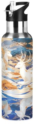 Niigeu Dessin Animé Thaïlande Styles Cerf Animal Bouteille d'eau Isotherme avec Paille en Acier Inoxydable Gourde, Sans BPA Gourdes Eau pour Enfant Sport Randonnée École Bureau (600ml/1L)