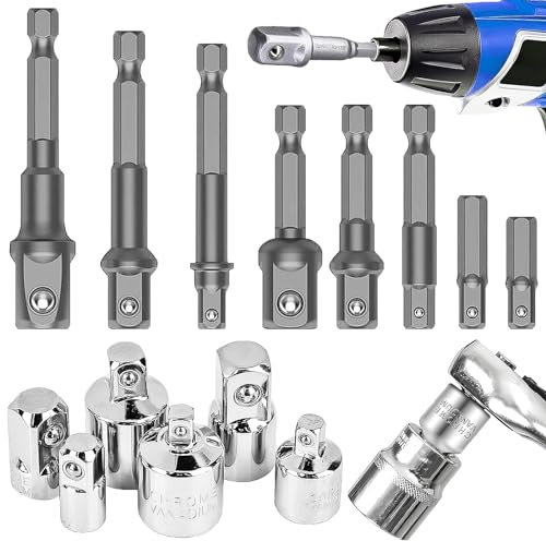 Begpoee 14 Stück Steckschlüssel Nüsse und Stecknüsse, Adapter Satz Stecknussadapter Set, Stecknuss-Adapter Set Sechskant auf 1/4, 1/2, 3/8 Vierkant, Für Elektrische Bohrmaschinen und Handschrauber
