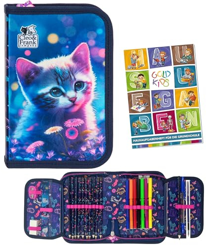 Goldkids - Federmäppchen 1 Fächer - Mäppchen für Mädchen und Jungen - Federmappe 1-Fach Federtasche Gefüllte Schüleretui 24-teilig - Schulmäppchen und Hausaufgabenheft - Katze-Motiv