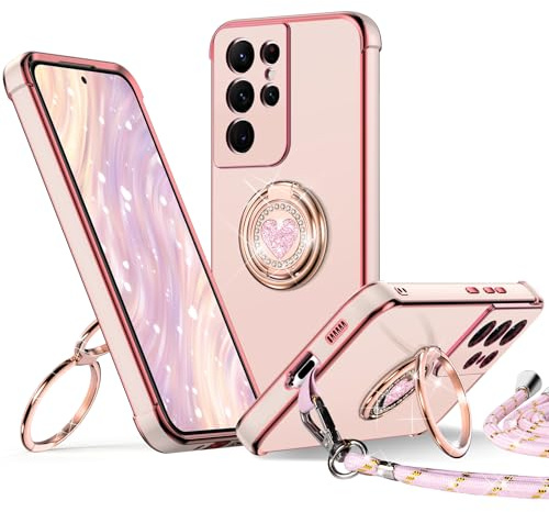 XYZ für Samsung Galaxy S21 Ultra Hülle mit Band, Rosa | Herzen Doppelring Ständer HandyHülle, Frauen Mädchen Dünn Stoßfeste Case mit Handykette, Anti Kratzt SchutzHülle