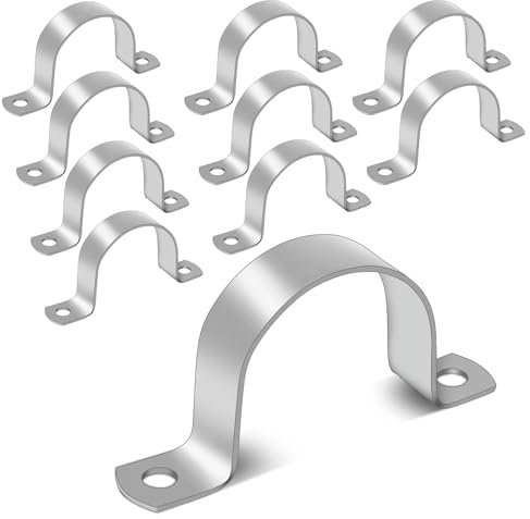 Stainless Steel Pipe Strap Clamp - U Shaped Bracket with 2 Holes, 50mm for Hose Clips, Conduit Clamps & Mounting Brackets - Heavy Duty Metal Clips - 10 Pack