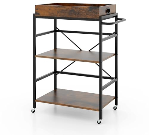 GiantexUK 3-Tier Kitchen Serving Trolley, Rolling Bar Cart with Removable Tray, Lockable Wheels & Handle, Industrial Storage Shelving Organizer for Dining Living Room Restaurant