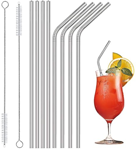 8 Pajitas, 2 Cepillos de Tubo, Pajitas Largas de Metal, Pajitas para Batidos, Pajitas de Metal Reutilizables para Beber, Paja Curva Plateada, Pajitas para Beber, para Vasos de Bebidas