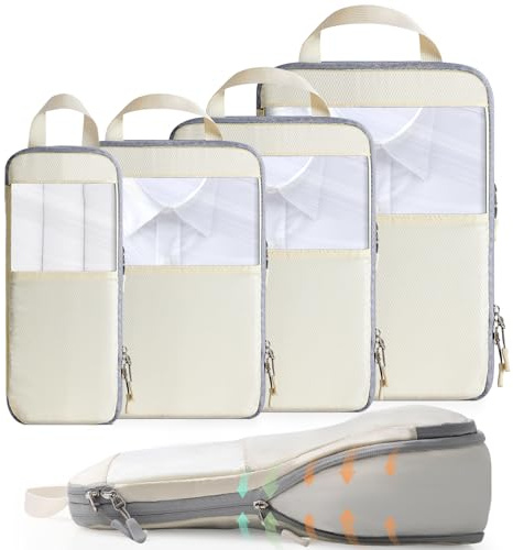 Cozary Koffer Organizer Packing Cubes Compression 4 Stück - Packwürfel mit hohem Fassungsvermögen, Travel Essentials Kofferorganizer FüR HandgepäCk Koffer Und Rucksack - Beige