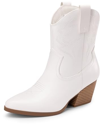 DREAM PAIRS Women's Cowboy Cowgirl Boots Embroidered Stitched Short Western Boots Low Chunky Heel Pointed Toe Ankle Booties,Size 7,White,DWUMAB2504