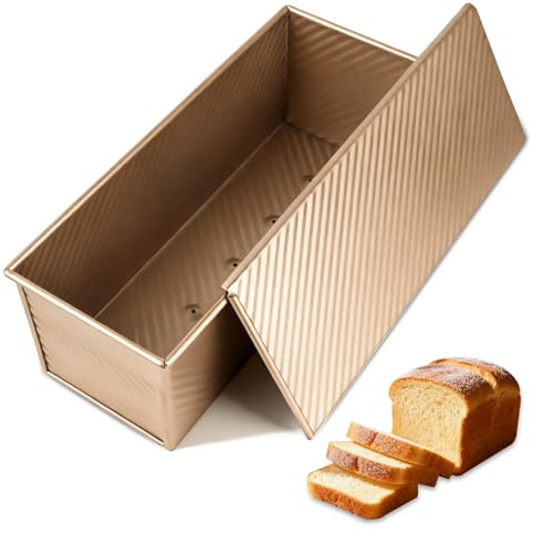 Hikaproligt Toast Backform mit Deckel, 33x13x12cm Pullman Brotbackform Antihaft, 1000 g Carbonstahl Brotform mit Belüftungslöchern, für Brot, Kuchen, Gold