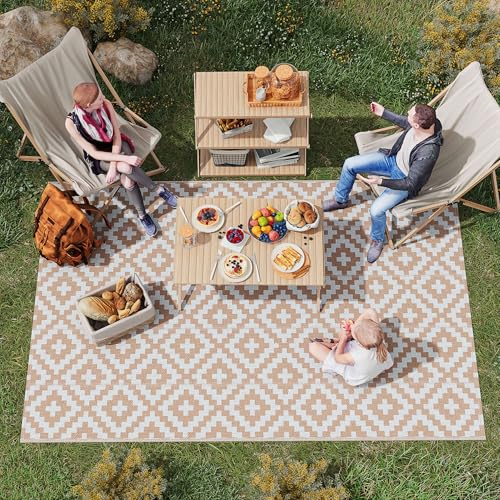Outsunny Alfombra de Exterior 182x274 cm Alfombra Reversible Blanco y Café | Patrón Geométrico de Rombos, Impermeable, para Terraza Balcón Patio Camping Playa