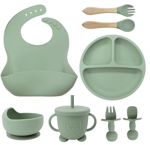NEXROLA Assiette Bebe, 8 pièces, Vaisselle Bebe Silicone, Assiette Ventouse pour Bébé, Bol Cuillere Bavoir Bebe, Set Repas Bébé,Sans BPA, Couverts Enfant pour lave-vaisselle et micro-ondes, Vert