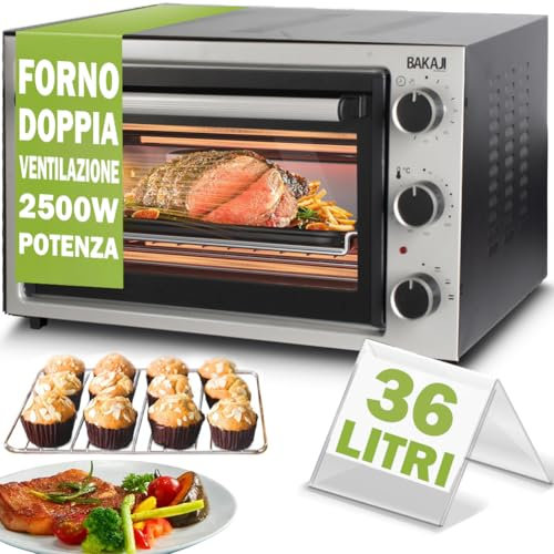 Bakaji Forno Fornetto Elettrico Capacità 36 Litri Potenza 1600W Temperatura Regolabile, Multifunzione, Elementi Riscaldanti in Acciaio e Funzione Timer (36 Litri)