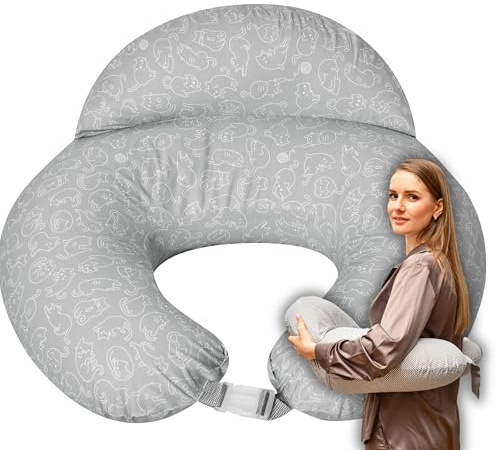 sei Design Stillkissen klein Baby- Stillhörnchen mit abnehmbaren Stillkissenbezug aus 100% Baumwolle - Stillmond - Stillkissen Mond Lagerungskissen, Baby Erstausstattung (niedliche Kätzchen grau)