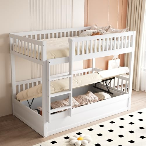 Etagenbett 90x200 cm für 2 Kinder, Kinderbett Hochbett mit Hydraulischem Stauraum, Holzbett Doppelbett Stockbett Bettgestell Stauraumbett Jugendbett mit Lattenrost&Rausfallschutz, Ohne Matratze, Weiß